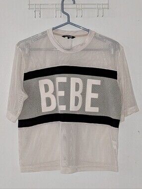 BEBE Sport White Mesh Crop Top Graphic Logo Crewneck Short Sleeve Size Large